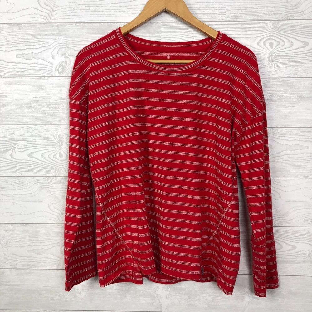 T by Talbots Women's Large Metallic Striped Long Sleeve Tee Shirt Red Silver